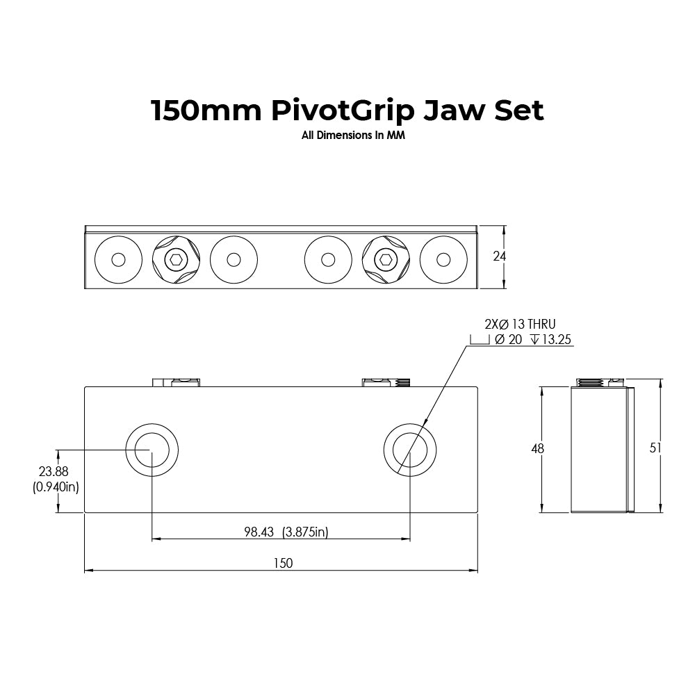 Technical drawing of a 150mm PivotGrip Jaw Set with dimensions labeled.