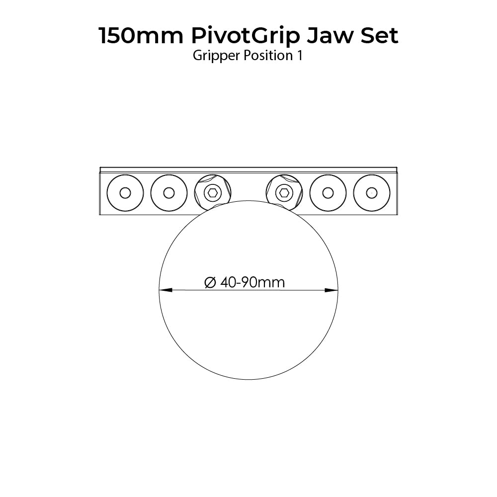 Diagram of a 150mm PivotGrip Jaw Set with dimensions and gripper position 1 indicated.