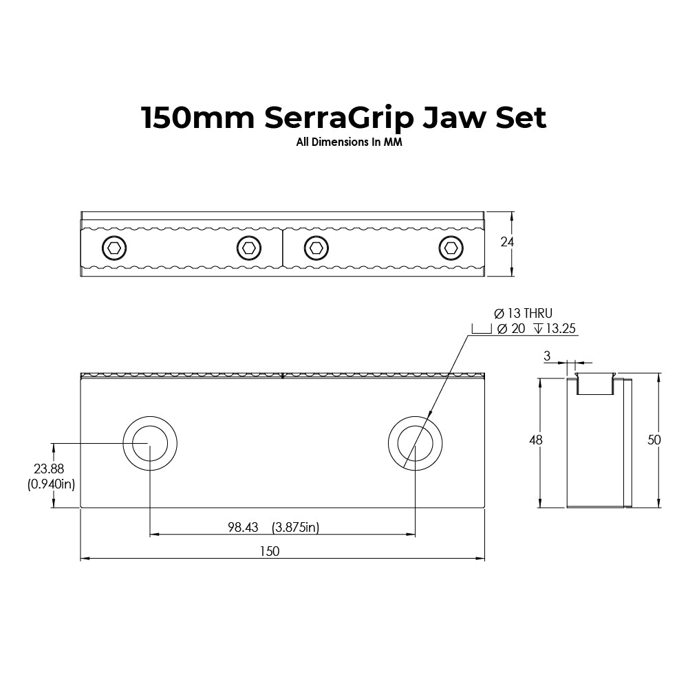 Technical drawing of a 150mm SerraGrip Jaw Set with dimensions labelled.