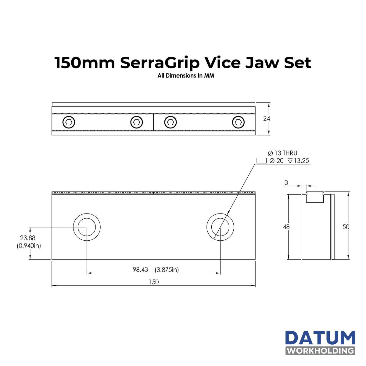 Technical drawing of a 150mm SerraGrip Jaw Set with dimensions and Datum Workholding branding.