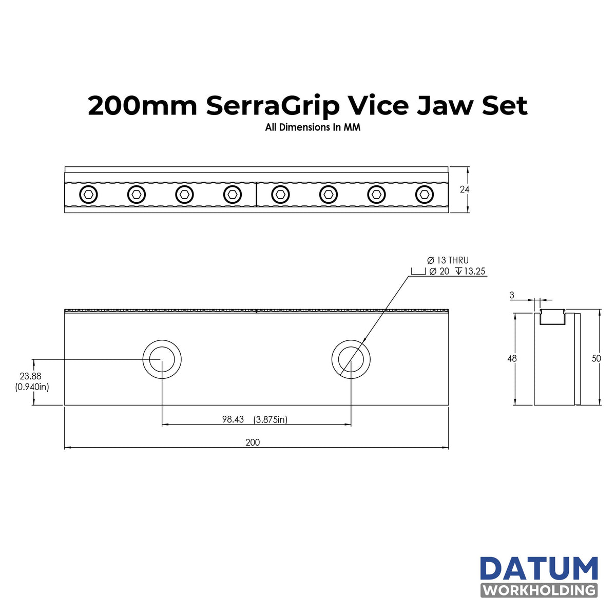 Technical dimension drawing of a 200mm SerraGrip Vice Jaw Set with measurements in millimeters, showing front, top, and side views on a white background with the Datum Workholding logo.