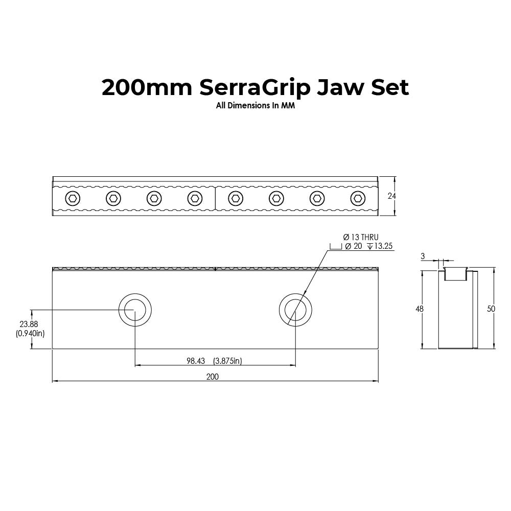 Technical drawing of a 200mm SerraGrip Jaw Set with dimensions labelled.