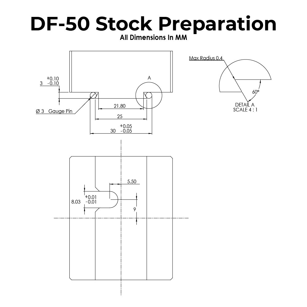 Technical drawing with dimensions for DF-50 Dovetail Fixture Stock Preparation