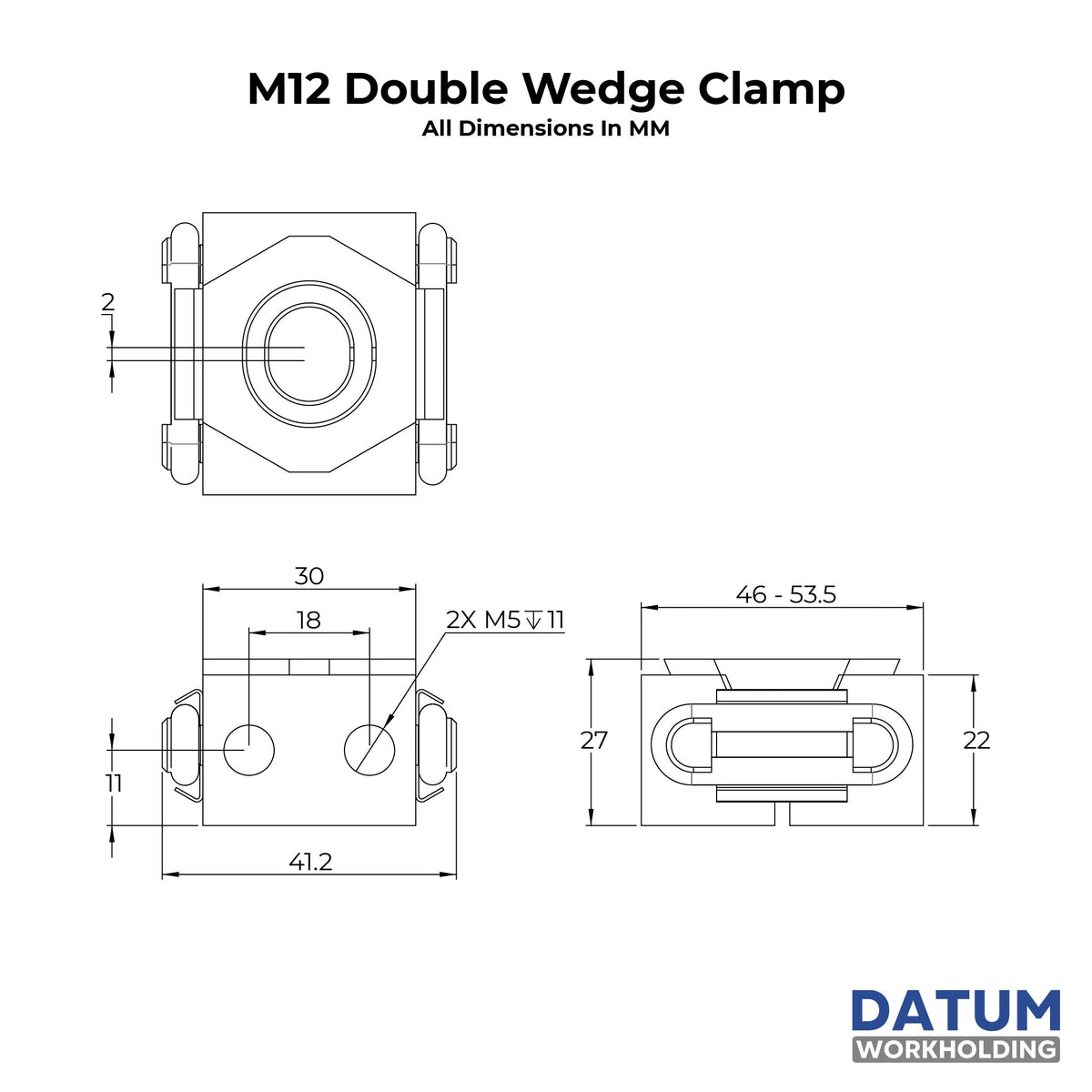 Technical dimension drawing of an M12 Double Wedge Clamp with three orthographic views, all dimensions in millimetres, on a white background with the DATUM WORKHOLDING logo.