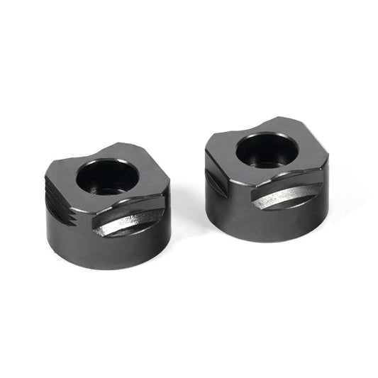 Two round part serrated grippers with black oxide finish for use in a vice or fixture