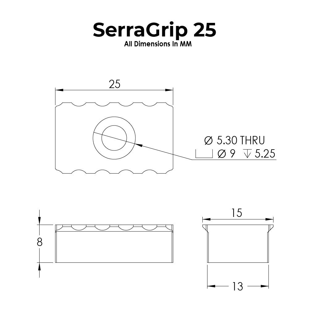 Technical drawing of SerraGrip 25 with dimensions labeled