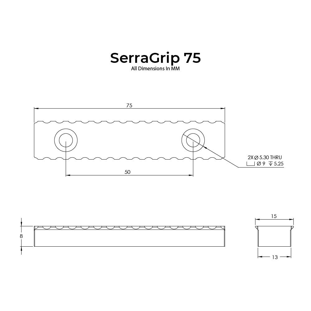 Technical drawing of SerraGrip 75 with dimensions labeled