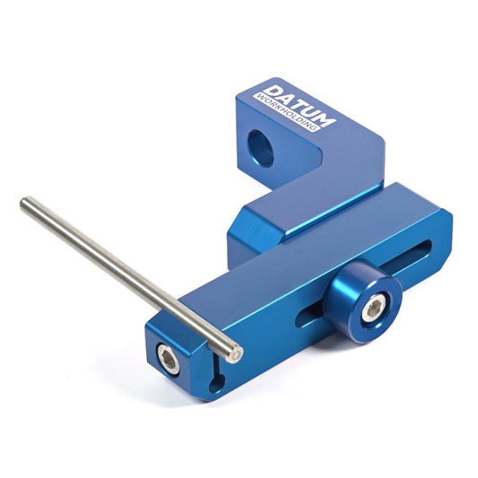 A blue anodised work stop with a stainless steel stop pin, designed to be mounted on a 6 inch vice for tooling purposes.