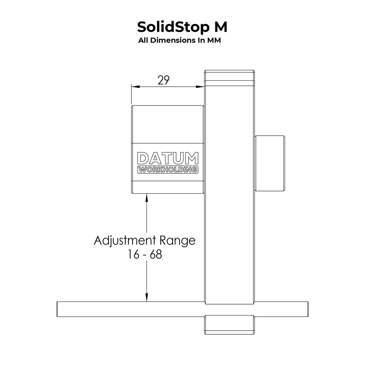 Technical line drawing of the SolidStop M magnetic vice work stop