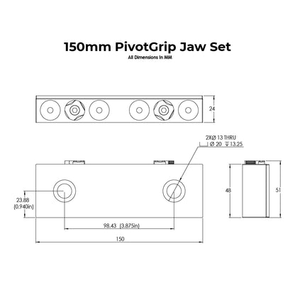 Technical drawing of a 150mm PivotGrip Jaw Set with dimensions labeled.