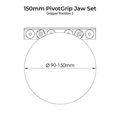 Diagram of a 150mm PivotGrip Jaw Set with dimensions and gripper position 2 indicated.