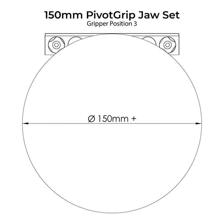 Diagram of a 150mm PivotGrip Jaw Set with dimensions and gripper position 3 indicated.