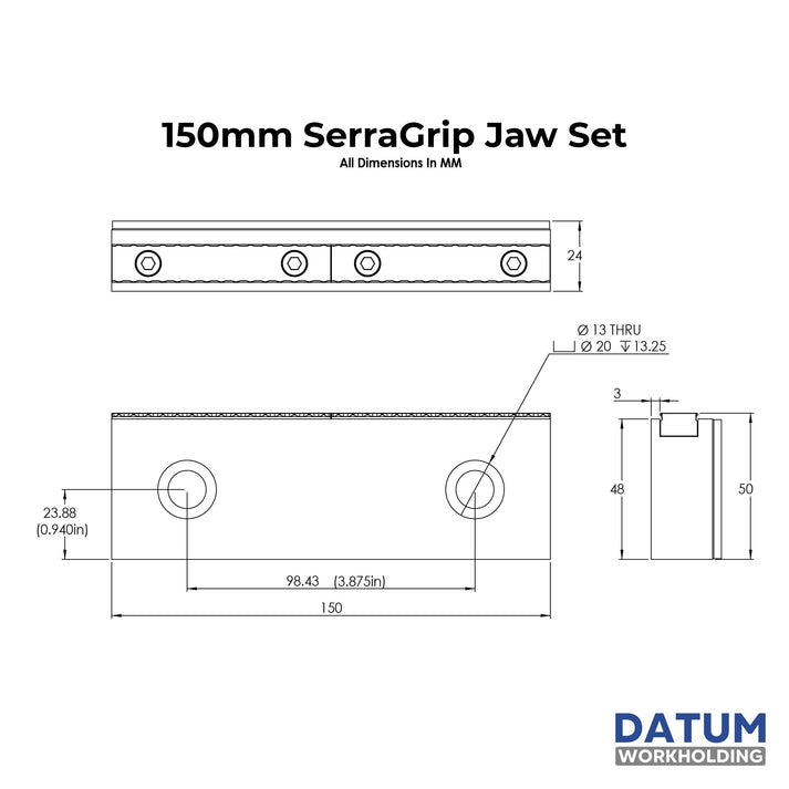 Technical drawing of a 150mm SerraGrip Jaw Set with dimensions and Datum Workholding branding.
