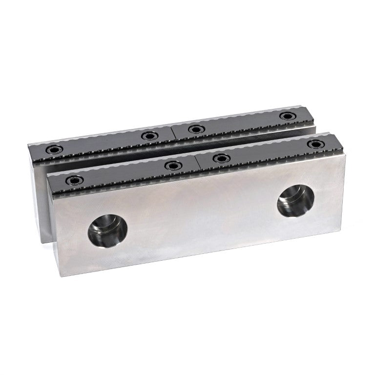 A set of serrated vice jaw components made of hardened steel, designed to be bolted into a standard machine vice.