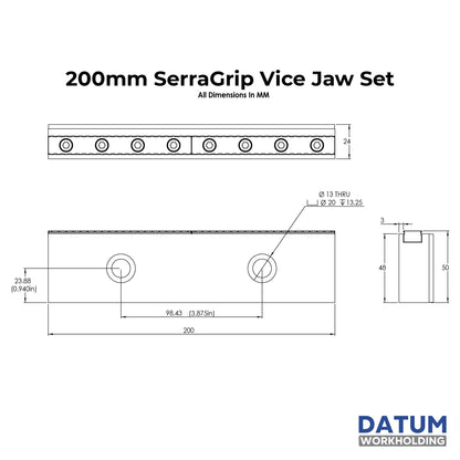 Technical dimension drawing of a 200mm SerraGrip Vice Jaw Set with measurements in millimeters, showing front, top, and side views on a white background with the Datum Workholding logo.