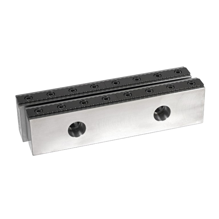 A set of serrated vice jaw components made of hardened steel, designed to be bolted into a standard machine vice.