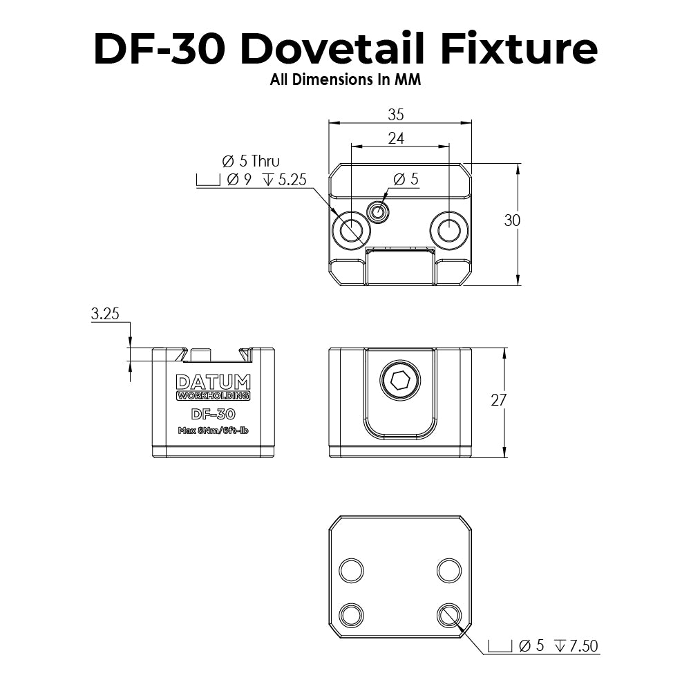 Technical drawing of a DF-30 Dovetail Fixture with dimensions in millimetres.