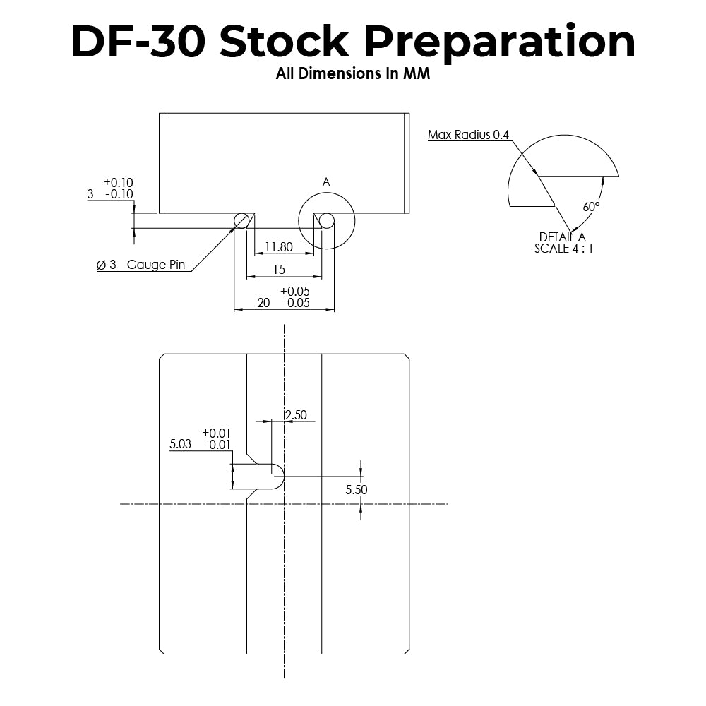 Technical drawing with dimensions for DF-30 Dovetail Fixture Stock Preparation