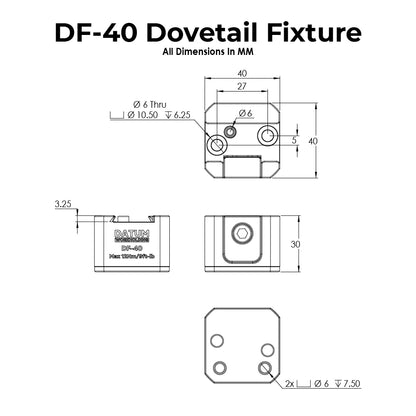 Technical drawing of a DF-40 Dovetail Fixture with dimensions in millimetres.