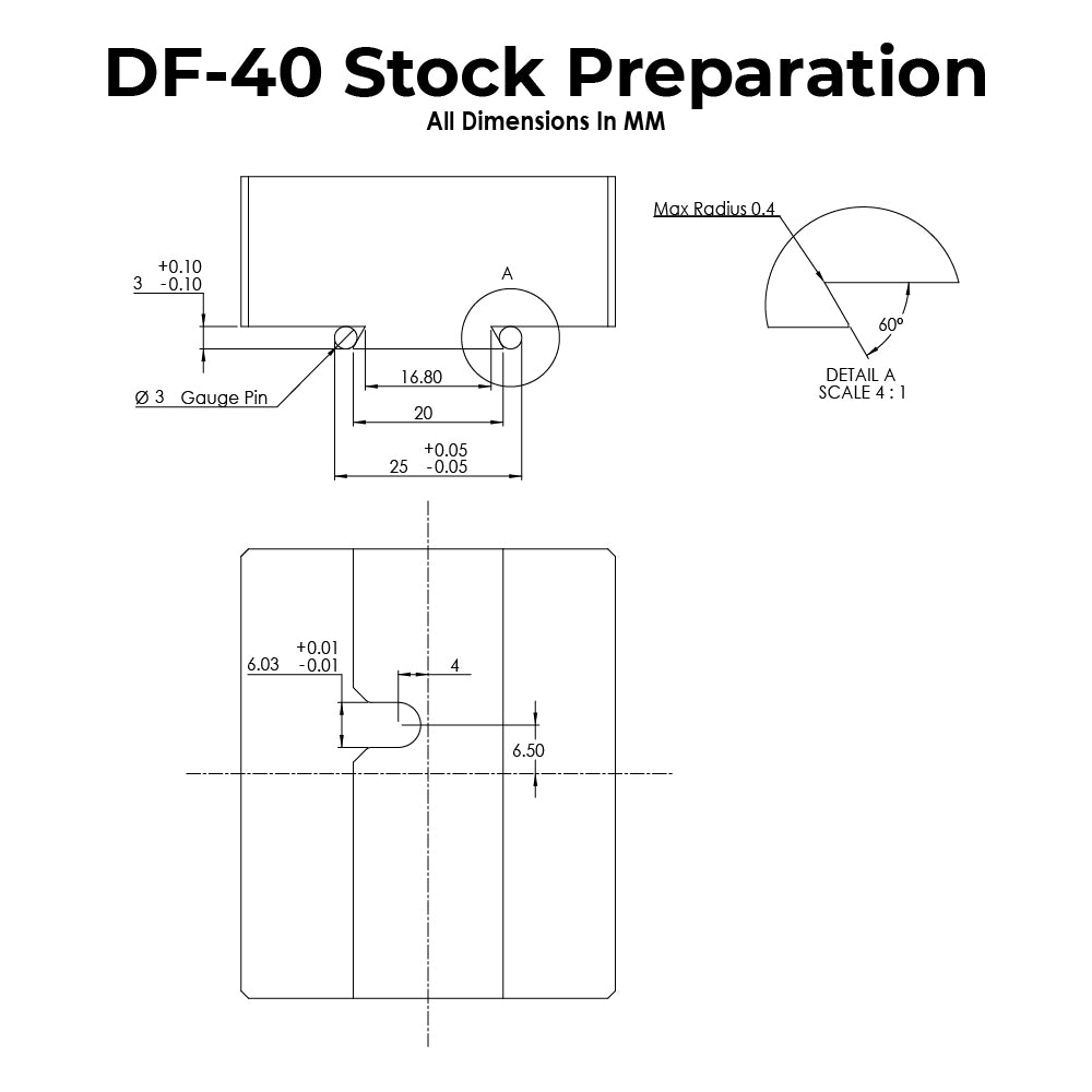 Technical drawing with dimensions for DF-40 Dovetail Fixture Stock Preparation