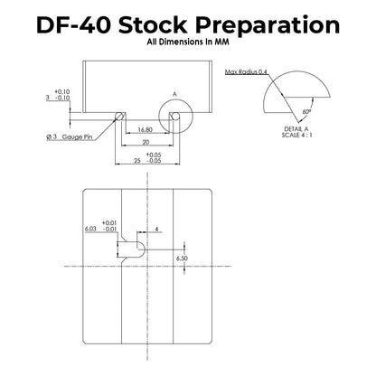 Technical drawing with dimensions for DF-40 Dovetail Fixture Stock Preparation