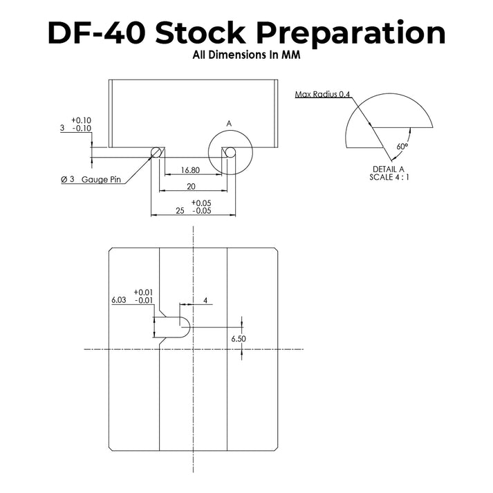 Technical drawing with dimensions for DF-40 Dovetail Fixture Stock Preparation