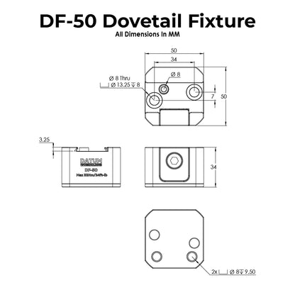 Technical drawing of a DF-50 Dovetail Fixture with dimensions in millimetres.