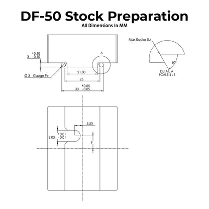 Technical drawing with dimensions for DF-50 Dovetail Fixture Stock Preparation