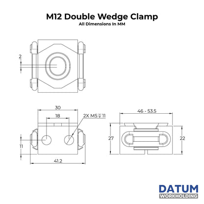 Technical dimension drawing of an M12 Double Wedge Clamp with three orthographic views, all dimensions in millimetres, on a white background with the DATUM WORKHOLDING logo.
