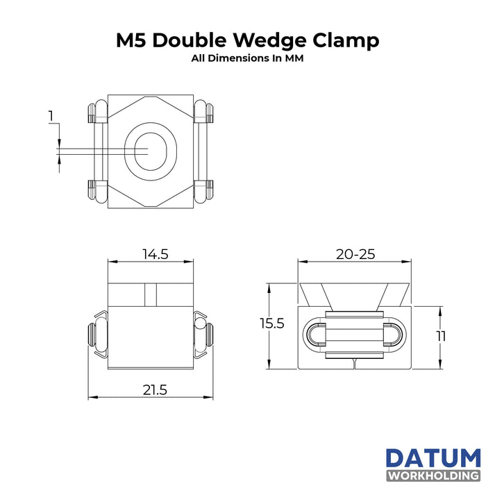 Technical dimension drawing of an M5 Double Wedge Clamp by Datum Workholding, showing three orthographic views with measurements in millimetres on a white background.
