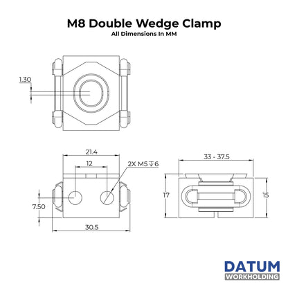 Technical dimension drawing of an M8 Double Wedge Clamp with three orthographic views, all dimensions in millimetres, on a white background with the DATUM WORKHOLDING logo.