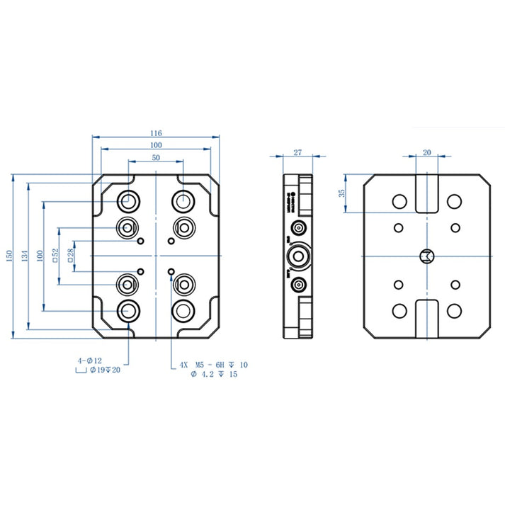 Technical drawing and dimensions of 52mm zero point workholding plate