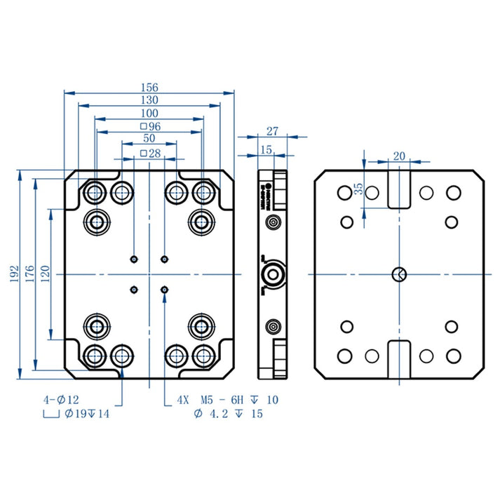 Technical drawing and dimensions of 96mm zero point workholding plate