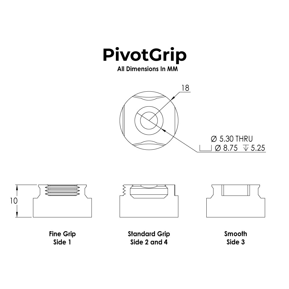 Technical diagram of PivotGrip with dimensions and grip types labeled.