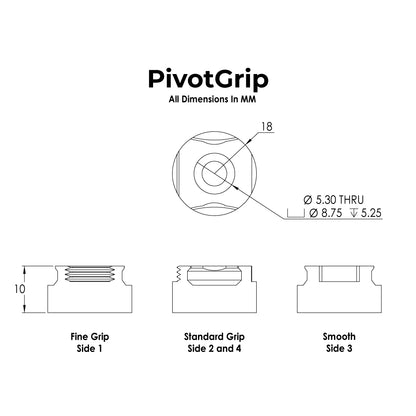 Technical diagram of PivotGrip with dimensions and grip types labeled.