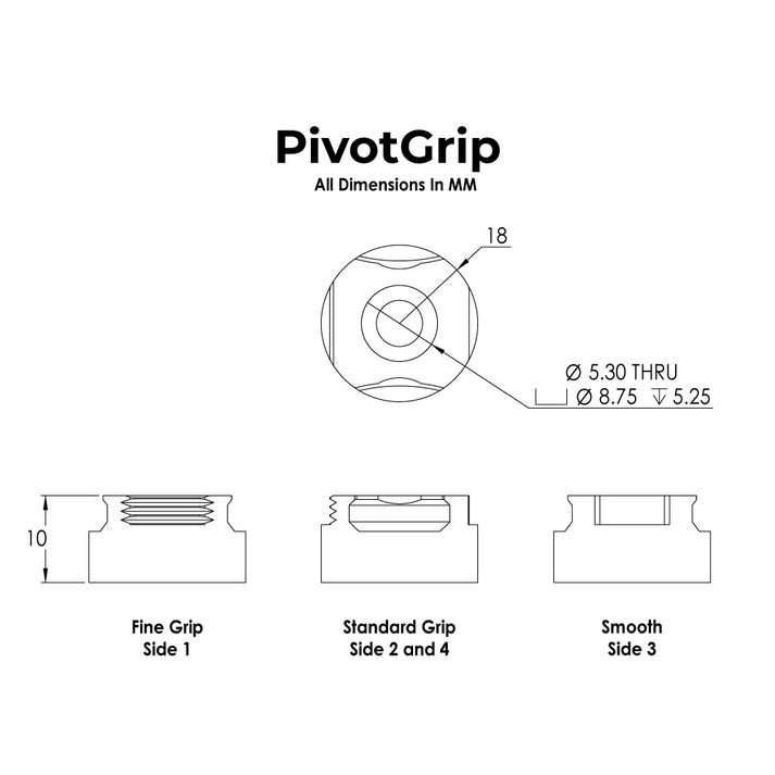 Technical diagram of PivotGrip with dimensions and grip types labeled.