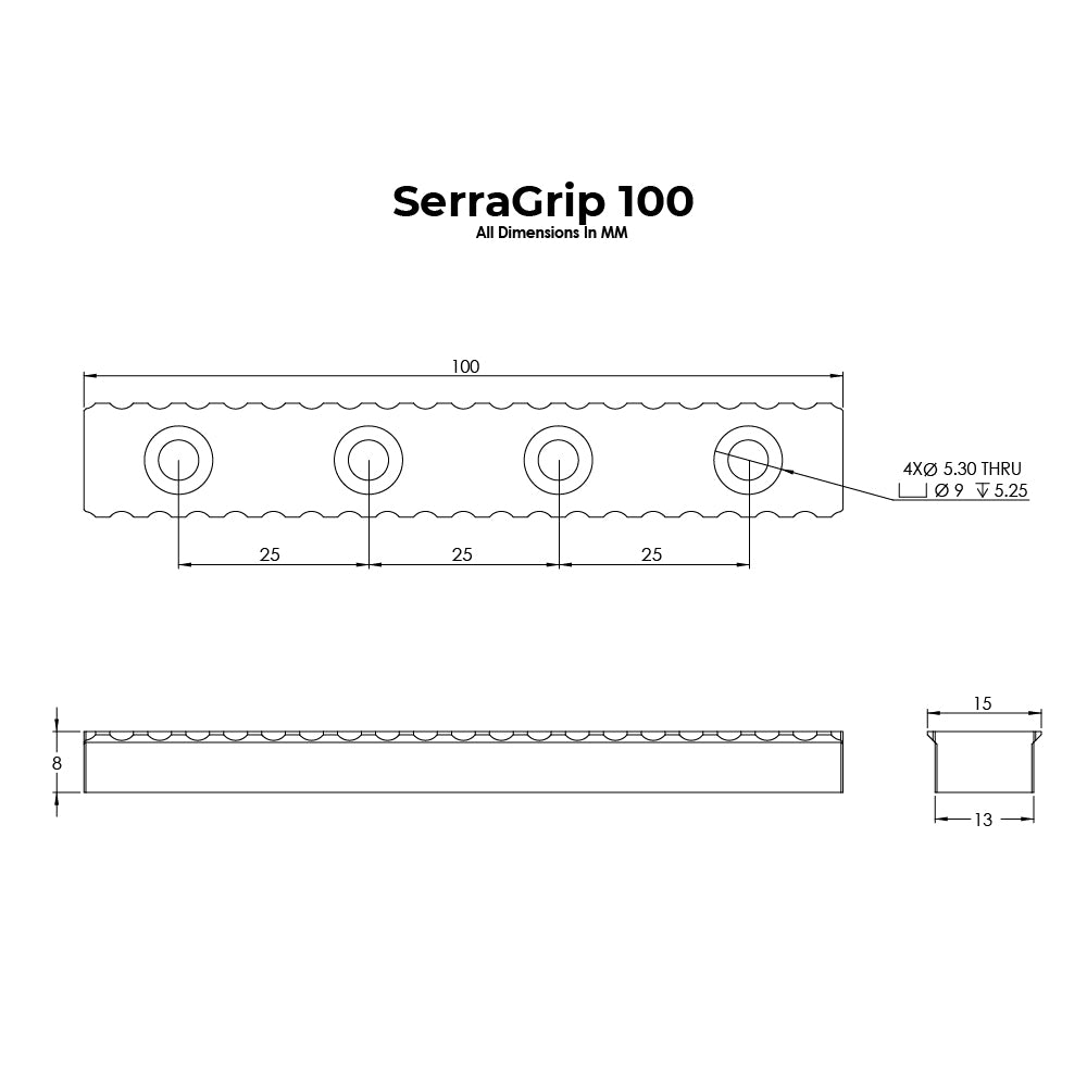 Technical drawing of SerraGrip 100 with dimensions and specifications.