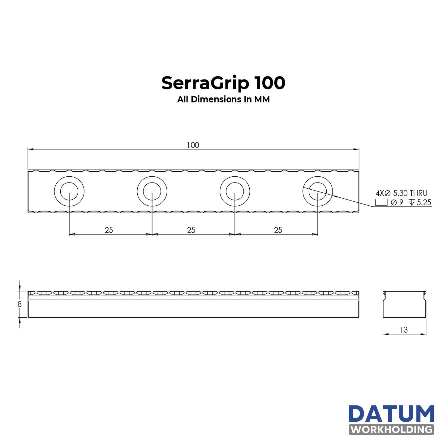 Dimensioned drawing of serragrip 100 - 100mm serrated vice gripper