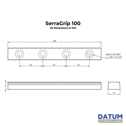 Dimensioned drawing of serragrip 100 - 100mm serrated vice gripper