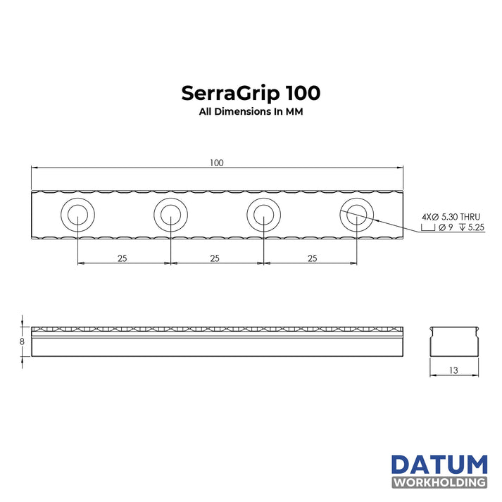 Dimensioned drawing of serragrip 100 - 100mm serrated vice gripper