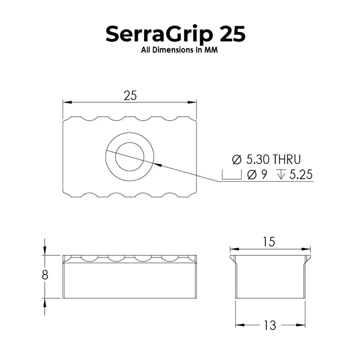 Technical drawing of SerraGrip 25 with dimensions labeled