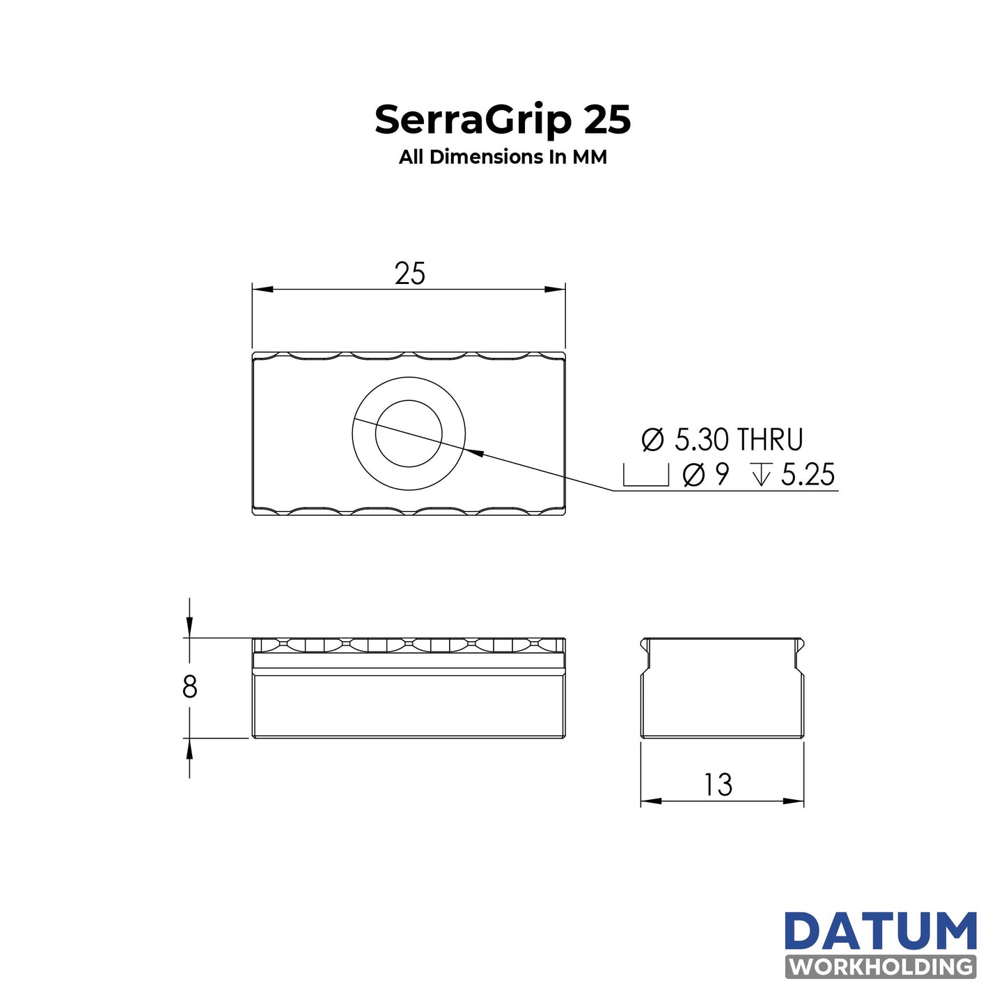 Dimensioned drawing of serragrip 25 - 25mm serrated vice gripper