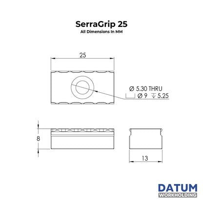 Dimensioned drawing of serragrip 25 - 25mm serrated vice gripper
