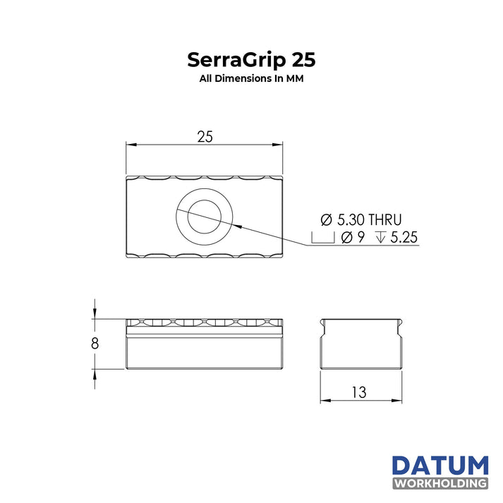 Dimensioned drawing of serragrip 25 - 25mm serrated vice gripper