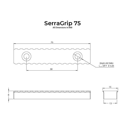 Technical drawing of SerraGrip 75 with dimensions labeled