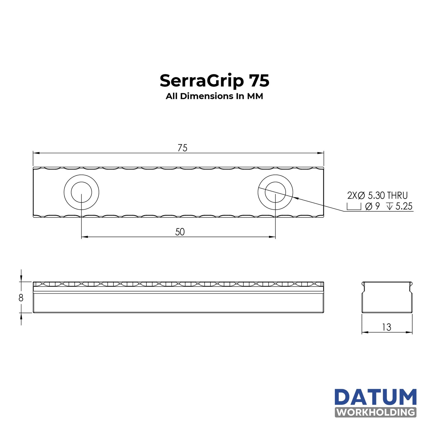 Dimensioned drawing of serragrip 75 - 75mm serrated vice gripper