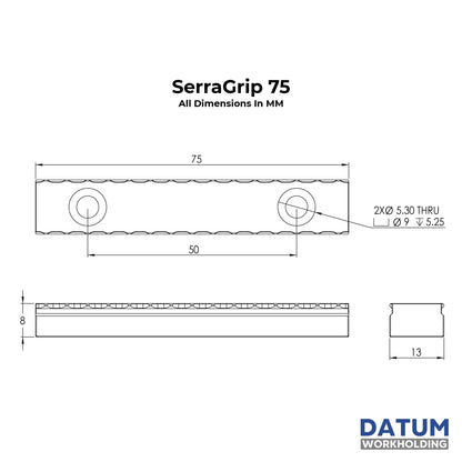Dimensioned drawing of serragrip 75 - 75mm serrated vice gripper