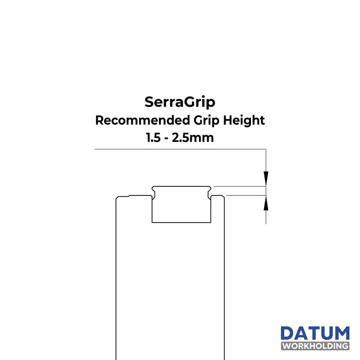Technical drawing of SerraGrip with recommended grip height measurement on a white background, featuring the Datum Workholding logo.