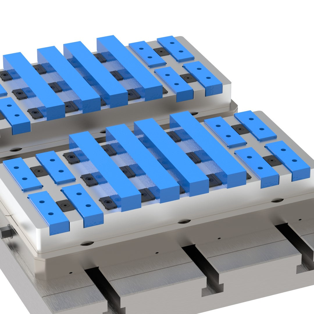 Serrated gripper jaws with expanding wedge clamps in a high density fixture for machining parts with a CNC