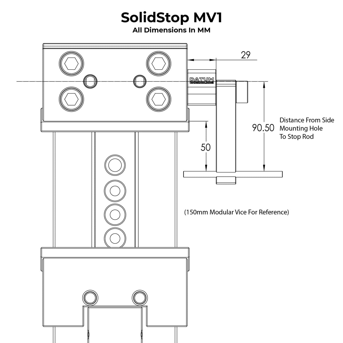 Technical line drawing of the SolidStop MV1 work stop mounted to a modular machine vice similar to Gerardi
